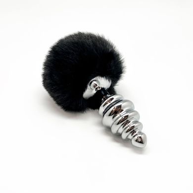 Металлическая анальная пробка Кроличий хвостик Alive Fluffy Twist Plug L Black, диаметр 3,8 см SO6311 фото
