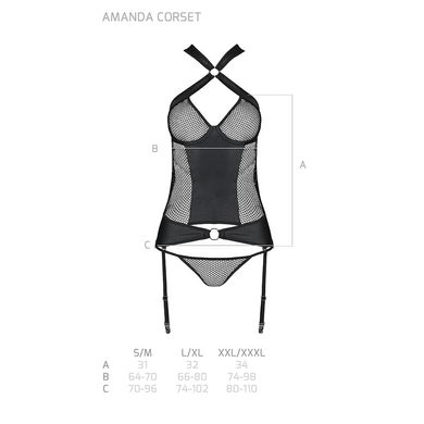 Сетчатый комплект корсет с халтером, съемные подвязки и трусики Amanda Corset black L/XL - Passion SO5318 фото