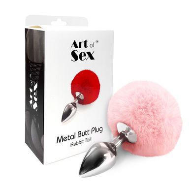 Металевий анальний затор М Art of Sex - Metal Butt plug Rabbit Tail, Ніжно-рожевий SO6692 фото