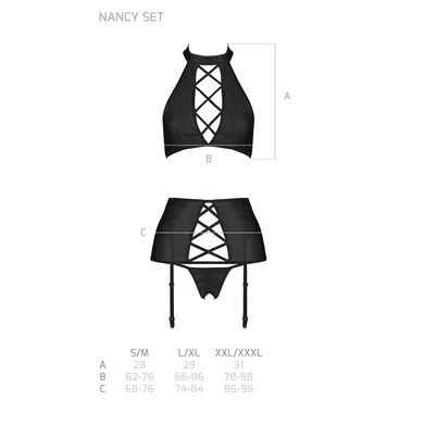 Комплект из эко-кожи с имитацией шнуровки Nancy Set black L/XL - Passion топ, трусики и пояс для чул SO5373 фото