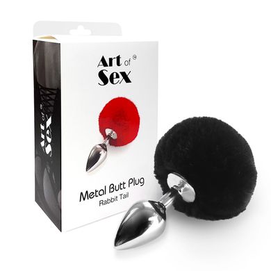 Металевий анальний затор М Art of Sex - Metal Butt plug Rabbit Tail, Чорний SO6961 фото