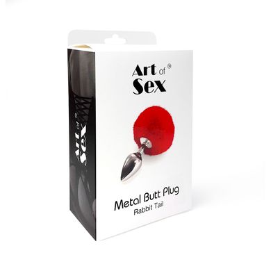 Металевий анальний затор М Art of Sex - Metal Butt plug Rabbit Tail, Червоний SO6963 фото