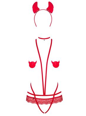 Эротический костюм чертика из стреп Obsessive Evilia teddy red L/XL, боди, чокер, накладки на соски, SO7707 фото