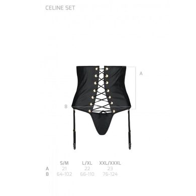 Пояс-корсет из экокожи Celine Set black L/XL — Passion: шнуровка, съемные пажи для чулок, стринги SO6409 фото