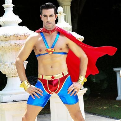 Мужской эротический костюм супермена "Готовый на всё Стив" One Size: плащ, портупея, шорты, манжеты SO2292 фото