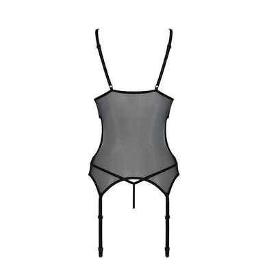 Корсет с подвязками и ажурным лифом Christa Corset black L/XL — Passion, стринги в комплекте SO5756 фото